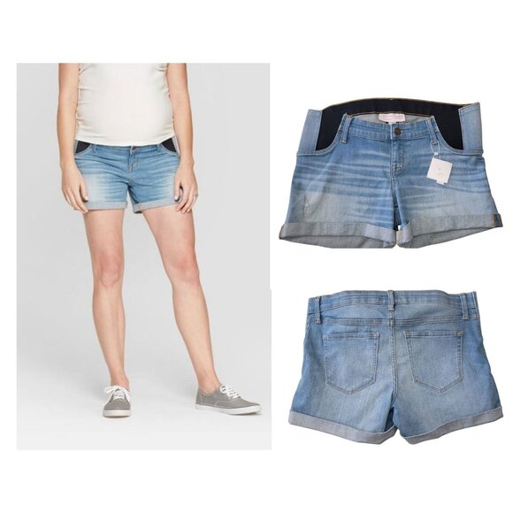 Isabel Maternity Denim Midi Shorts Size 6 Light Wash With Stretch Panel - Picture 1 of 6